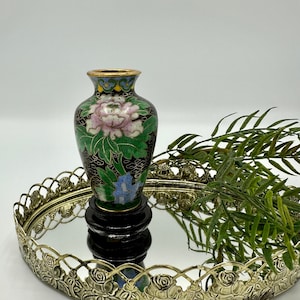 Vintage 3&quot; Cloisonné Vase on Wood Base; Asian Floral with Black, Pink, Green, White, Yellow Colours, Gold Trim; Turquoise Interior & Bottom