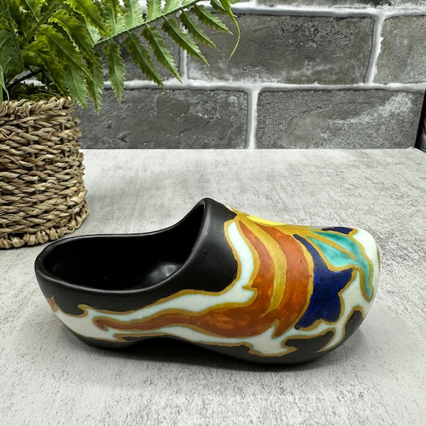 Small Gouda Pottery Clog Shoe from Holland; Vintage Dutch Hand Painted Colourful Shoe Pottery; Collectible Gouda Pottery; Dutch Folk Art