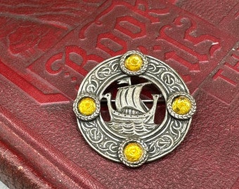 Vintage Pewter Celtic Ship Brooch with Yellow Glass Crystals; Viking Longship Brooch; Round Silver Tone Brooch With Viking Longboat