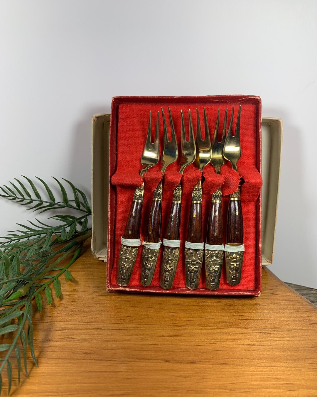 Vintage Twopronged Small Forks Set of 6 Bronze and Wood Etsy
