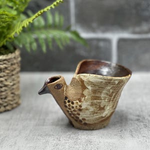 May include: A ceramic bird-shaped planter with brown and white glaze. The planter has a small opening on the top for planting.