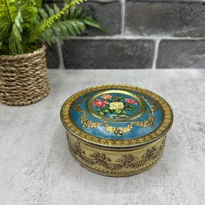 Vintage 5.1" Round Tin; Blue and Gold with Roses on Lid; Garland Pattern on Side; Vintage Floral Metal Storage Tin; Pretty Round Storage Box