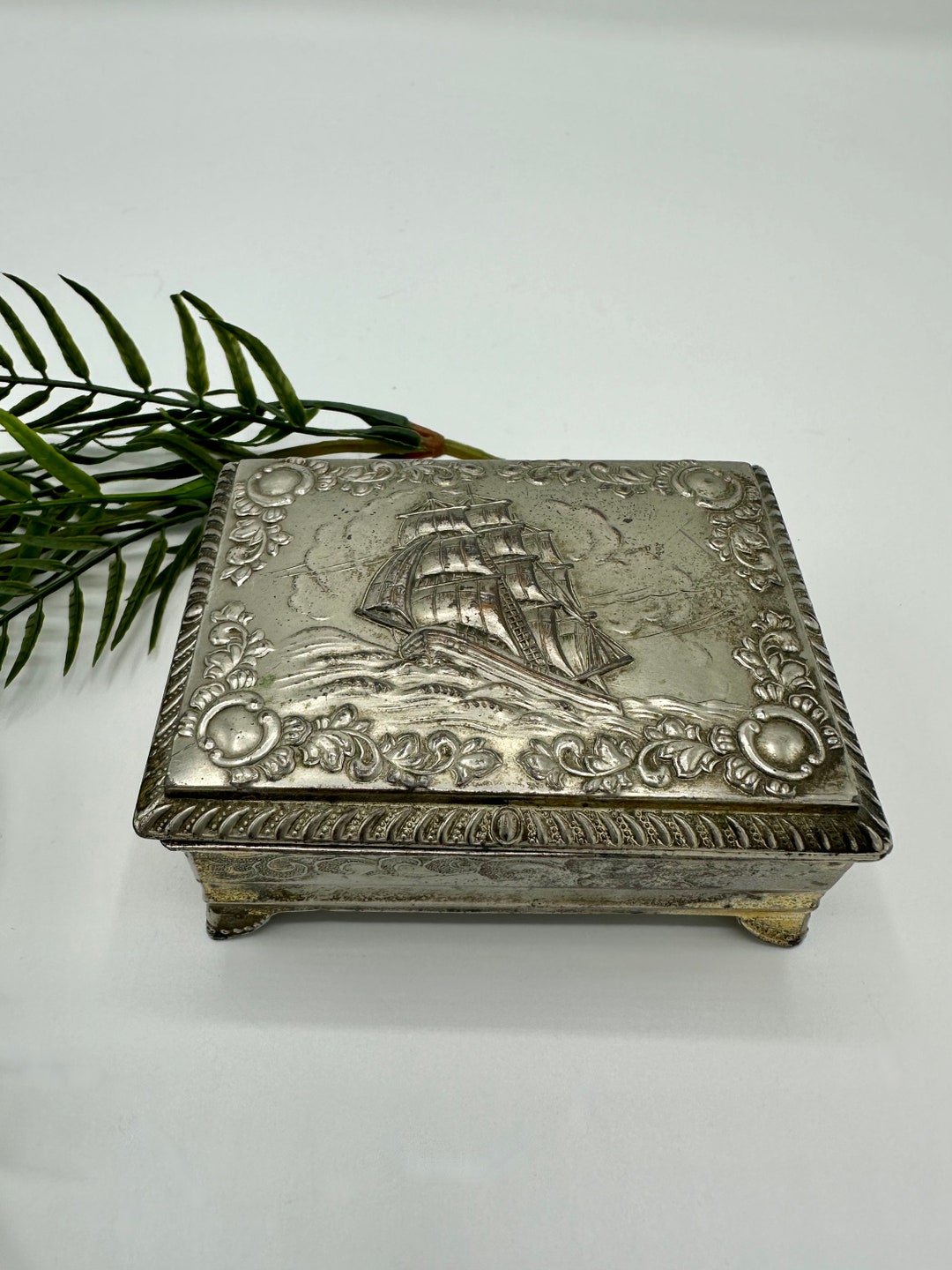 Vintage Silver Plated Trinket Box With Ship Small Silverplated