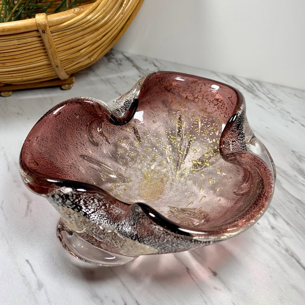 Murano Glass Ashtray; Clear and Pink Glass; Silver and Gold Flecks; Art Glass from Italy; Candy Bowl, Trinket Bowl; Sauce or Dip Bowl