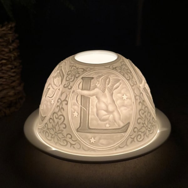 Vintage Seagull Studios Fairy Lamp; L O V E Etched in White Porcelain with Ornate Decoration and Cherubs; Romantic Decor Tea Light Lamp