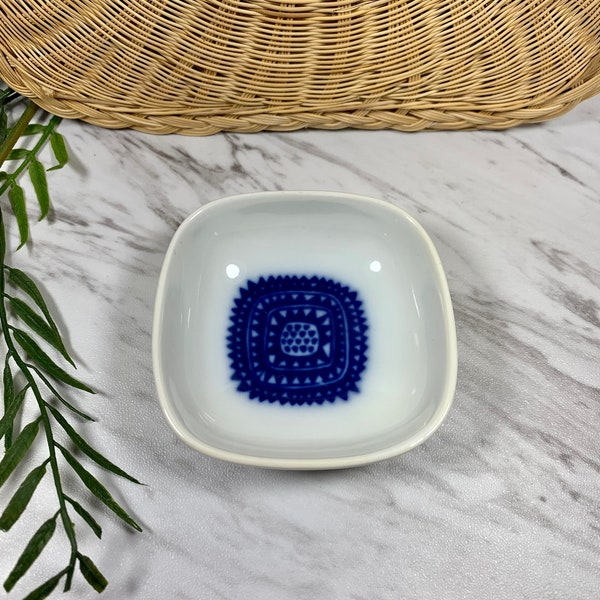 Vintage Porsgrund Salt Cellar, Square Small Dish; White Porcelain Bowl with Cobalt Blue Scandinavian Sunburst Design; Made in Norway