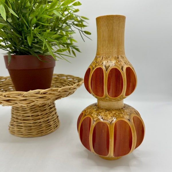 Vintage 8.25" Bamboo Vase; MCM Tropical Decor Bamboo Vase; Light Tan and Burnt Orange Colours; Lacquered Bamboo Vase; Tiki Party Decor