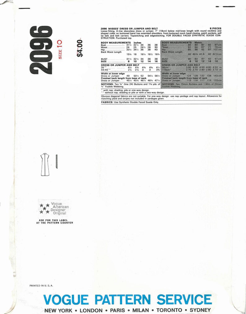 Vogue 2906 Size 10 Vogue American Designer Dress Pattern by Blassport Ltd