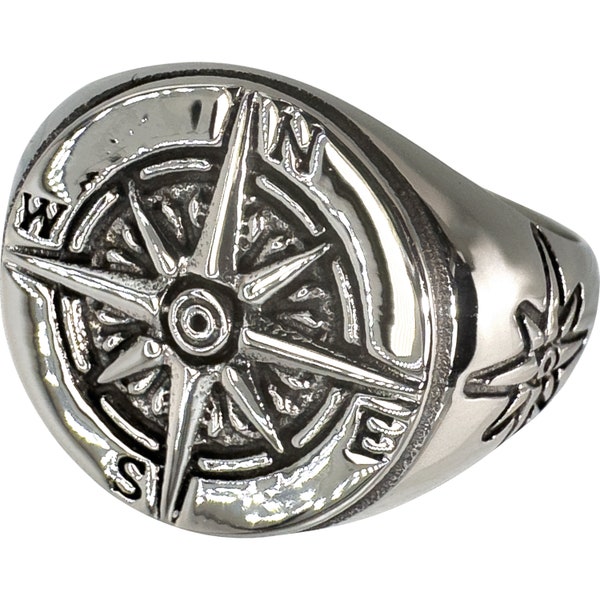 Compass Ring - 316 Stainless Steel All-Weather Polished Nautical Ring, Bold Engraved Compass Face & Details, Smooth Tapered Band, Gift Box