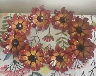 Vintage Pier 1 Set of Eight (8) Metal Enamel Fall Colors Floral Napkin Rings 3” D