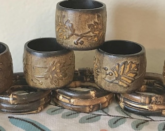 Vintage Set of Ten (10) Wood Napkin Rings with Floral and Rope Design