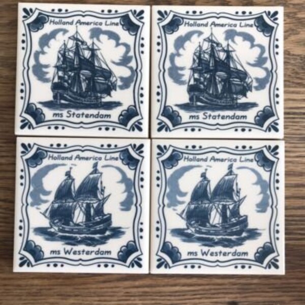 Set Of 4 Holland America Line Delft Blue Coasters MS Statendam/MS Westerman