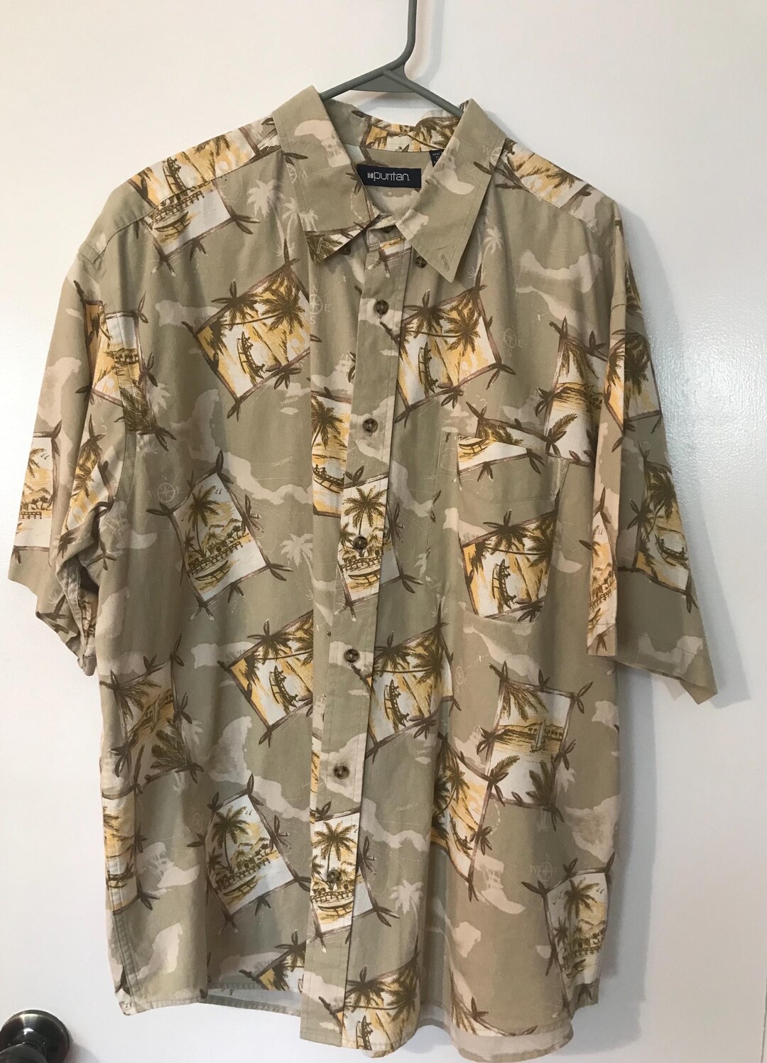 Chemise Hawaïenne Puritan Homme – Taille XL – Motifs Palmiers Tropicaux – Manches Courtes – 100% Rayon – Occasion Très Bon état