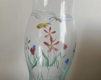 Hand Painted Hurricane Lamp Beautiful 11” H x 4” D Flowers and Bees