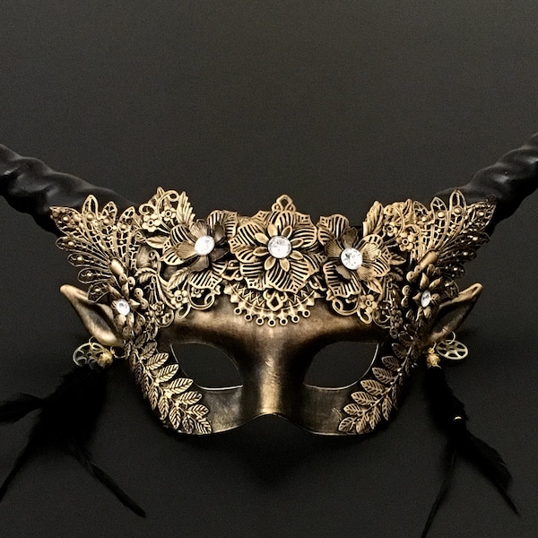 Black Gold Masquerade Mask, Women Masquerade Mask, Halloween Women Mask, Women Animal Mask, Horns Mask, Women Ball Mask, Women Party Mask