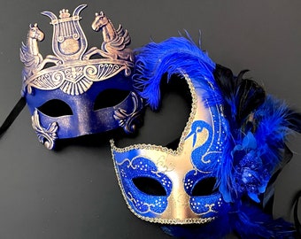 Blue & Gold Feather Masquerade Mask: Party Event Mask
