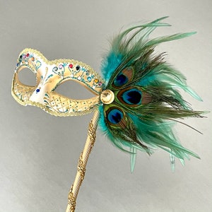 Gold Stick Masquerade Mask: Feather Ball Mask for Women
