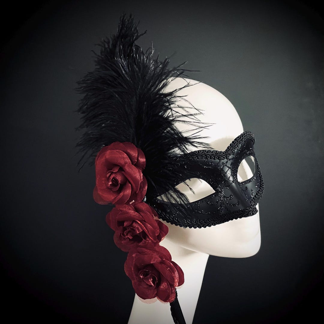 Black Masquerade Mask: Feather & Red Rose Stick Mask - Etsy