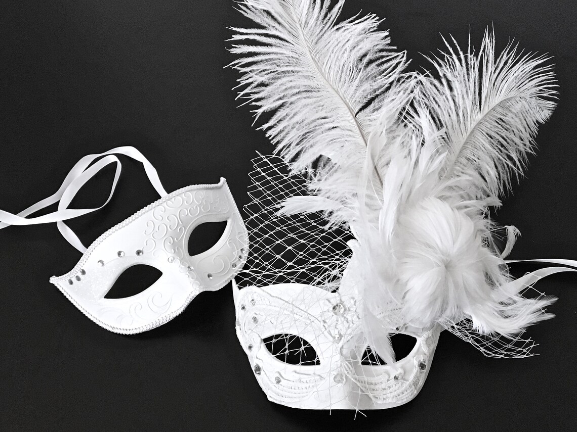 Couple White Wedding Mask White Feather Mask Etsy