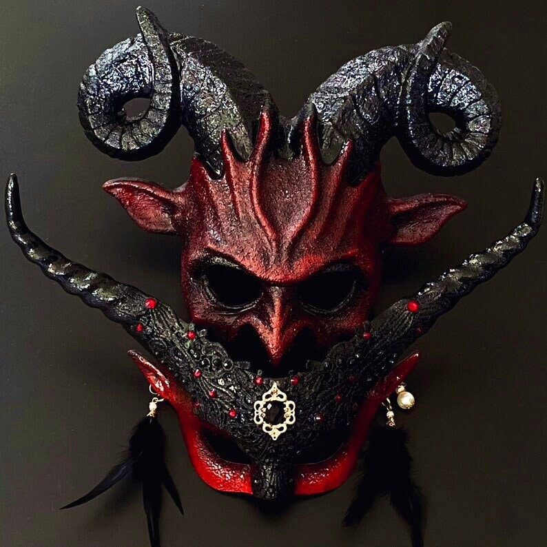 Black Red Masquerade Mask, Animal Mask, Horns Mask, Party Mask, Ball Mask, Black Mask, Anniversary Mask, Wedding Mask, Halloween Mask