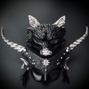 Black Silver Masquerade Mask, Women Animal Mask, Wolf Mask, Ball Party Mask, Anniversary Mask, Halloween Mask, Party Mask, Horns Masks