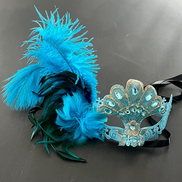 Turquoise Feather Masquerade Mask: Women's Ball Party Mask