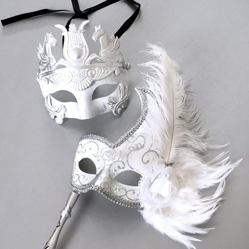 White Silver Masquerade Mask Masquerade Stick Mask Women Etsy UK