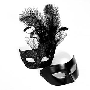 Black Masquerade Mask Set: Feathered Veil, Ball Party Masks