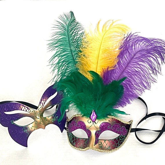 Purple and Gold Feathered Mardi Gras  Mask Hat??? Masquerade Mask PURPLE Hat Strap Feather WHITE FACE Costume  main image 2