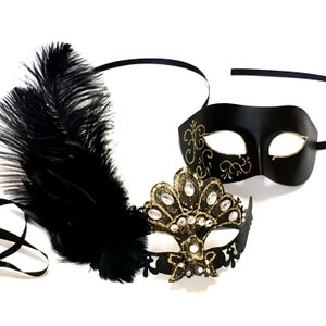 Black Gold Masquerade Mask Set: Feathered Crystal Couple Masks