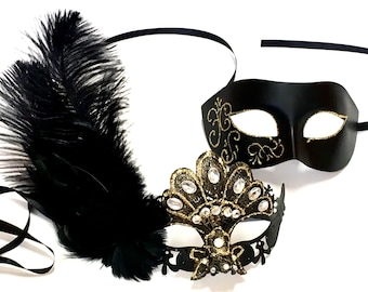 Black Gold Masquerade Mask Set: Feathered Crystal Couple Masks