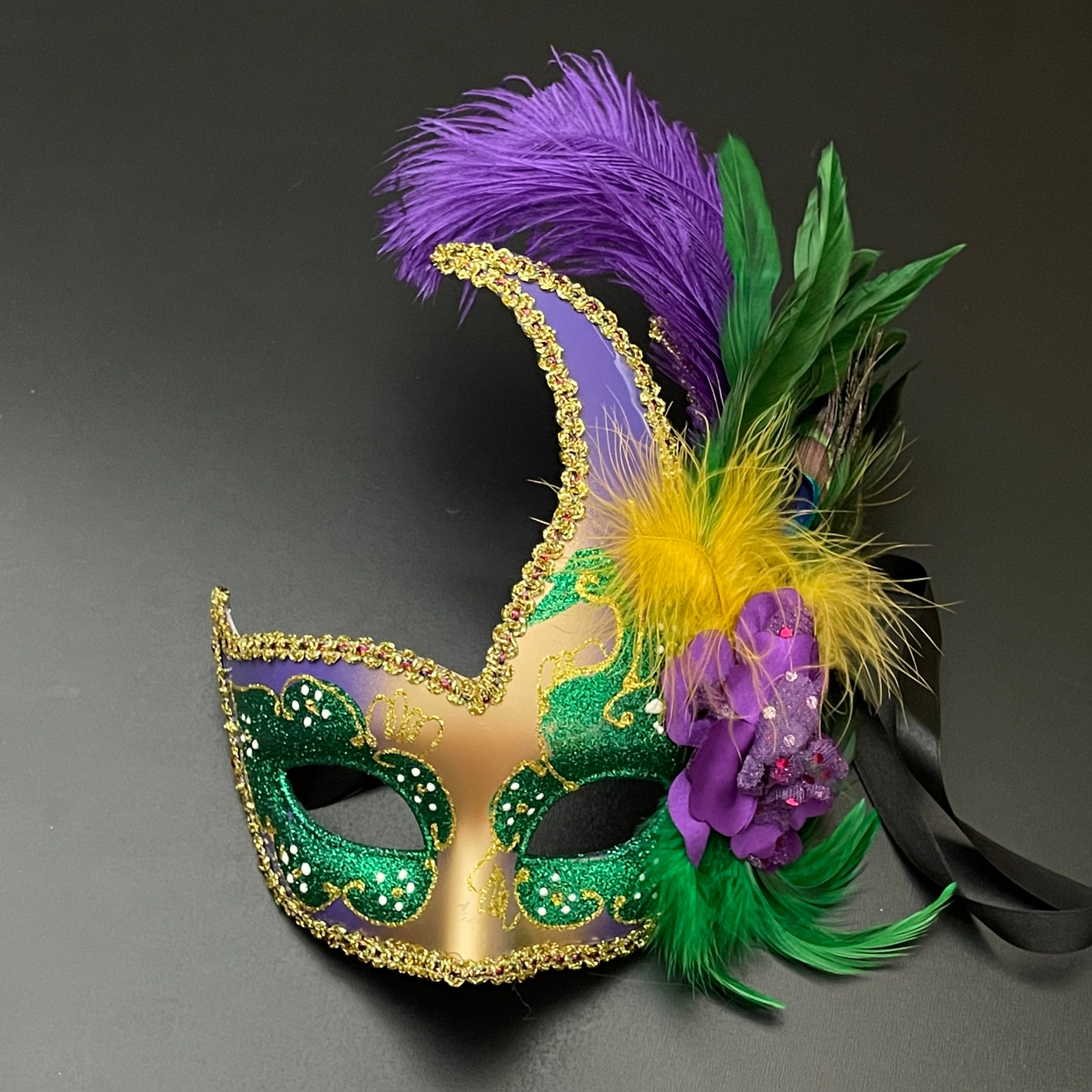 Purple and Gold Feathered Mardi Gras  Mask Hat??? USMS-M6107GO-M6151GOPP-1-  main image 4