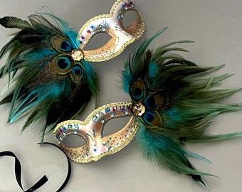 Gold Stick Masquerade Mask: Feather Ball Mask for Women