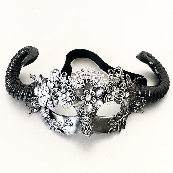 Black Silver Horned Masquerade Mask: Floral Venetian Party Mask