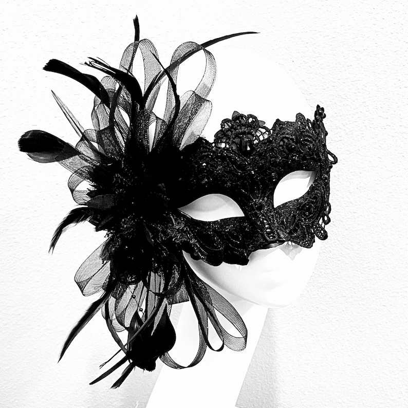 Black Floral Masquerade Mask: Feather Party Mask With Floral