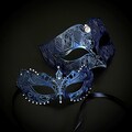 Blue Venetian Metal Masquerade Mask, Rhinestone Ball Mask