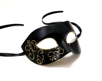 Black Masquerade Mask: Venetian Style with Gold Details