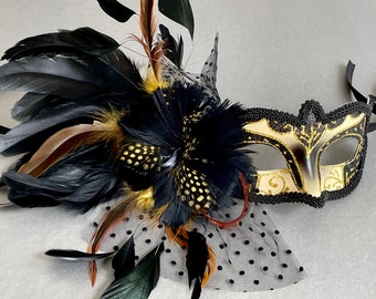 Black & Gold Feathered Masquerade Mask: Venetian Party Mask