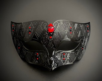Black Metal Masquerade Mask with Red Rhinestones