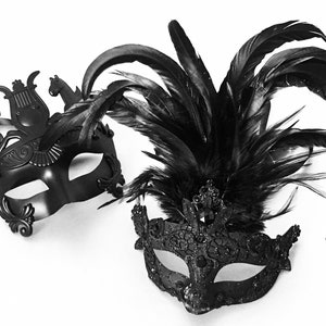 Black Masquerade Mask, Black Feather Women Mask, Black Couple Masks, Black Mask, Wedding Mask, Anniversary Mask, Ball Party Mask, Men Mask