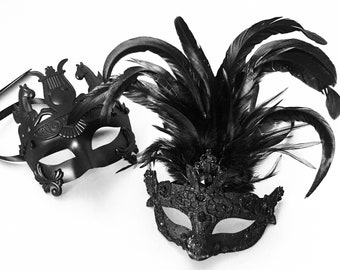 Black Feather Masquerade Mask, Couple Masks, Ball Party Mask