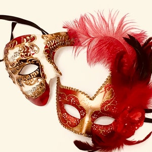 Red and Gold Feather Masquerade Mask: Venetian Carnival Ball