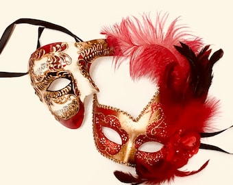 Red and Gold Feather Masquerade Mask: Venetian Carnival Ball