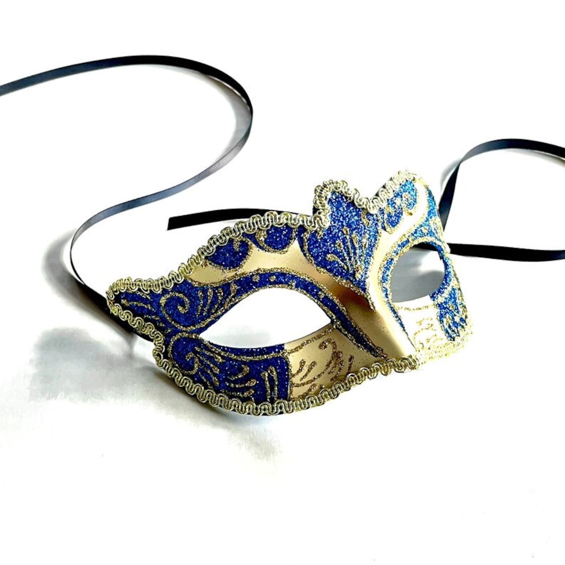 Blue & Gold Masquerade Mask: Floral Feathered Party Mask - Etsy