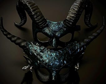 Black Turquoise Horned Masquerade Mask: Halloween Devil Mask