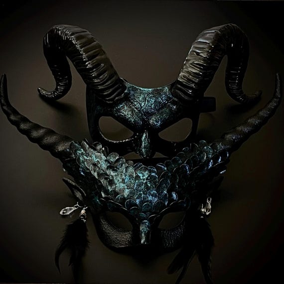 Black Turquoise Horned Masquerade Mask: Halloween Devil Mask
