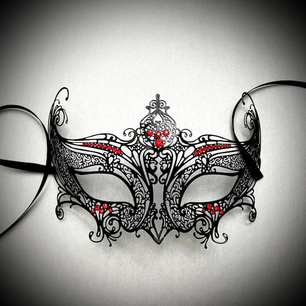 Black Metal Masquerade Mask: Red Rhinestone Wedding Mask