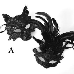 Black Wolf Masquerade Mask: Feather & Brocade Detail