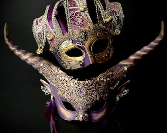 Purple Gold Jester Mask: Horned Masquerade Ball Mask