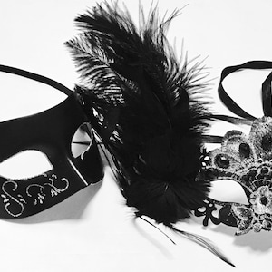 Black Feather Masquerade Mask: Silver Glitter Venetian Ball Mask